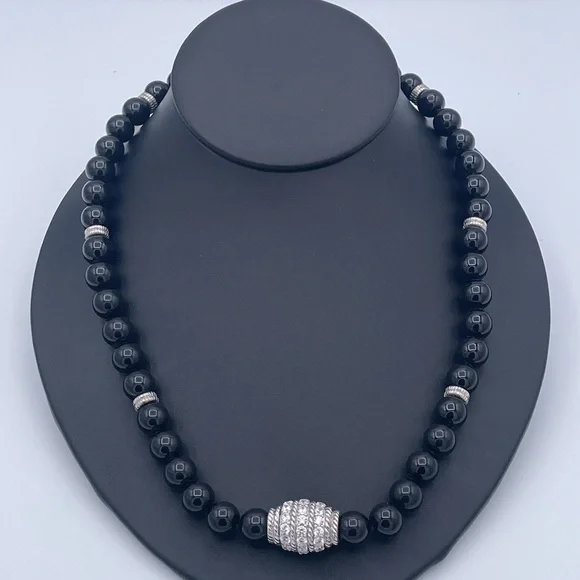 Judith Ripka Heavy 10mm Onyx Bead Necklace Sterling Silver CZ Center Piece 18” - Picture 2 of 9
